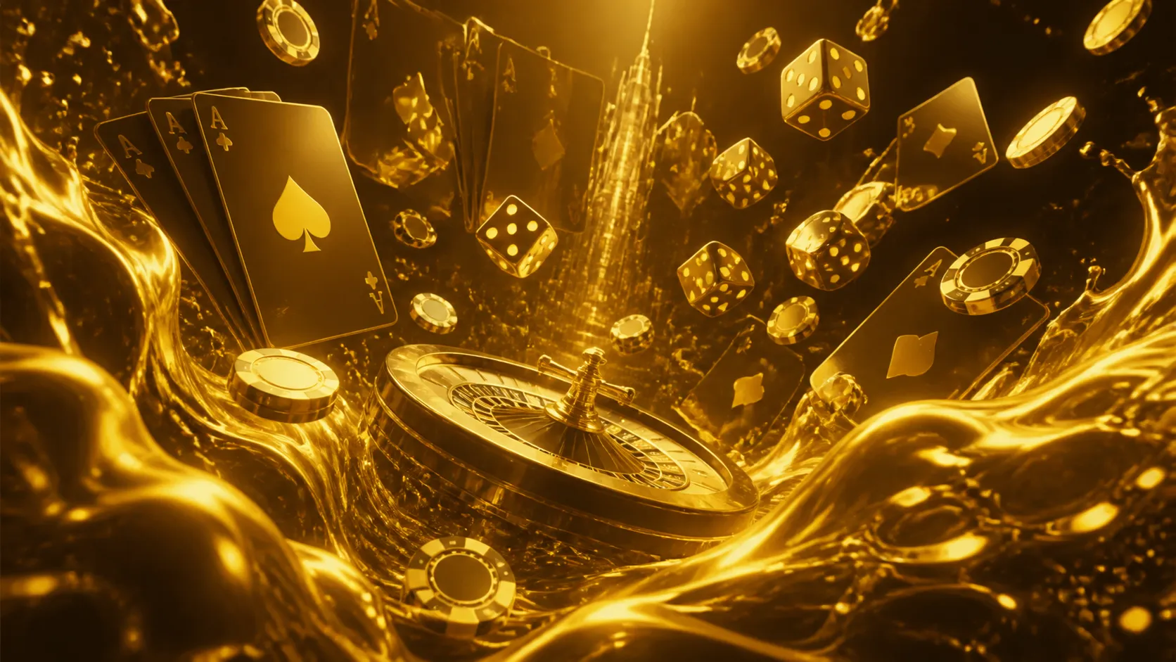 Luxury casino hero banner with cyberpunk aesthetics featuring neon glowing poker chips, playing cards, and a roulette wheel o